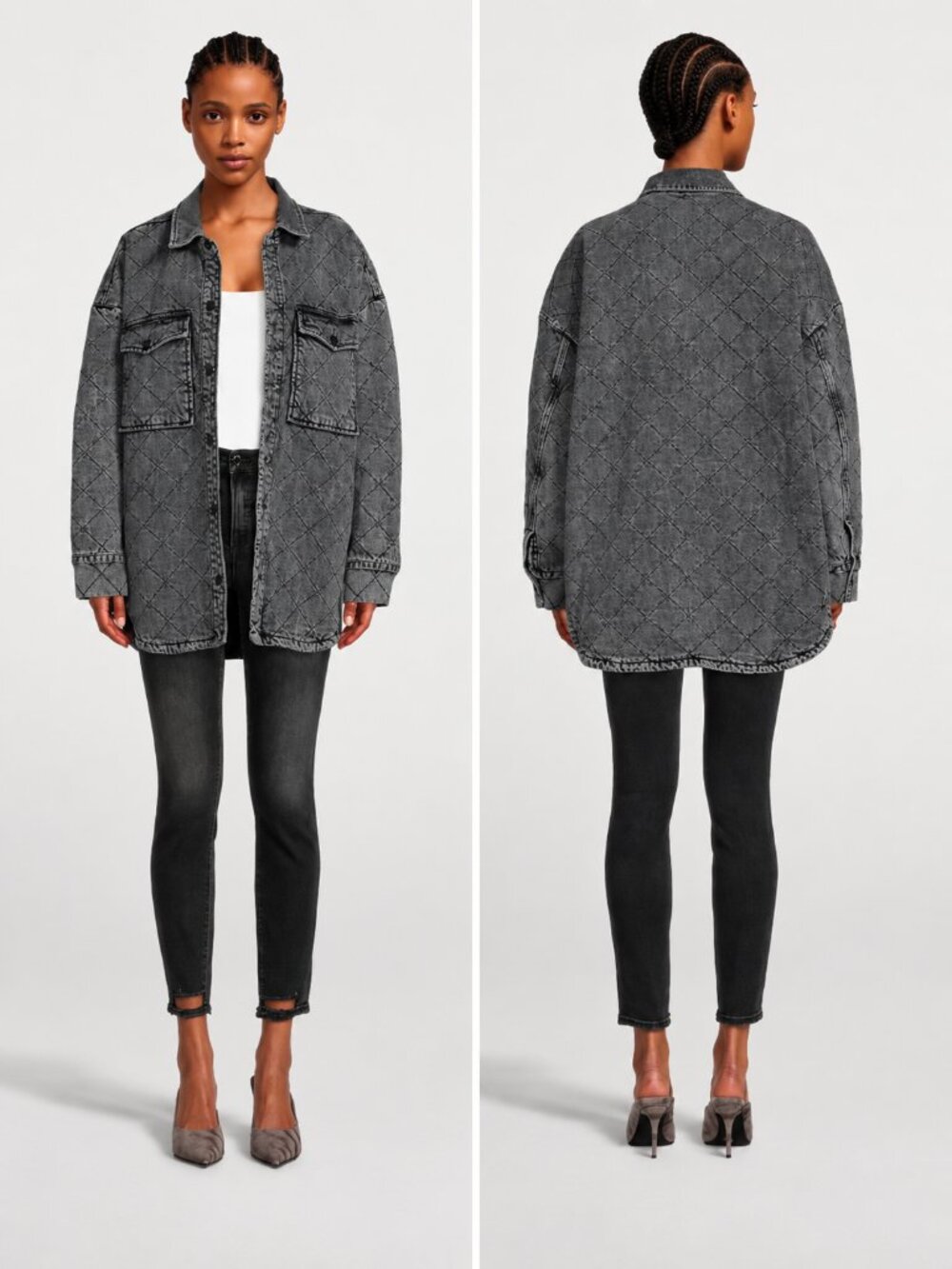 GOOD AMERICAN Quilted Denim Shirt Jacket | Black | Size 3/4 | NWT